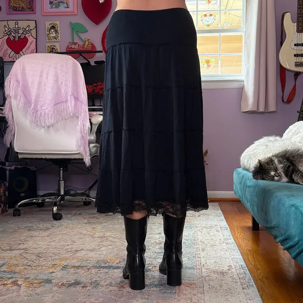Vintage Y2K whimsigoth black tiered midi skirt